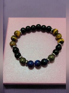 Men's Bracelet of Tiger Eye, Blue Tiger Eye & Black Onyx